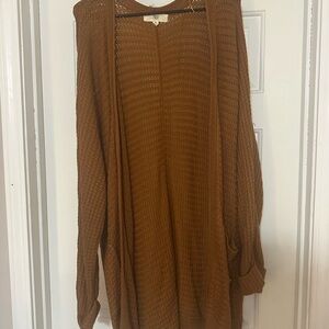 Open-Front Waffle Knit Cardigan in Caramel Brown